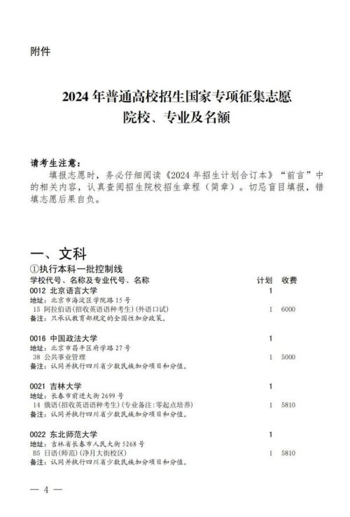 关于国家专项计划录取院校未完成计划征集志愿的通知2024