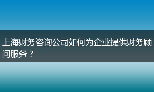 上海财务咨询公司如何为企业提供财务顾问服务?