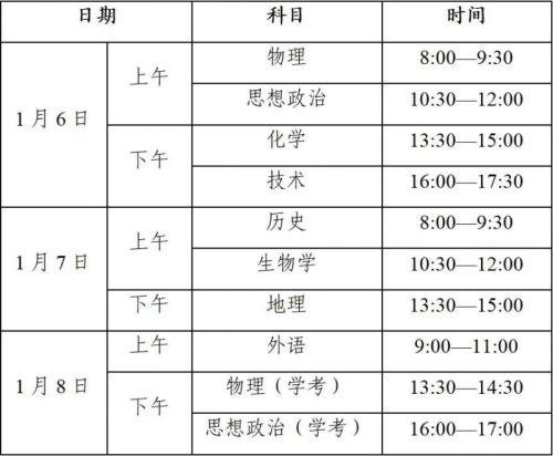 2026浙江1月选考学考考试时间表